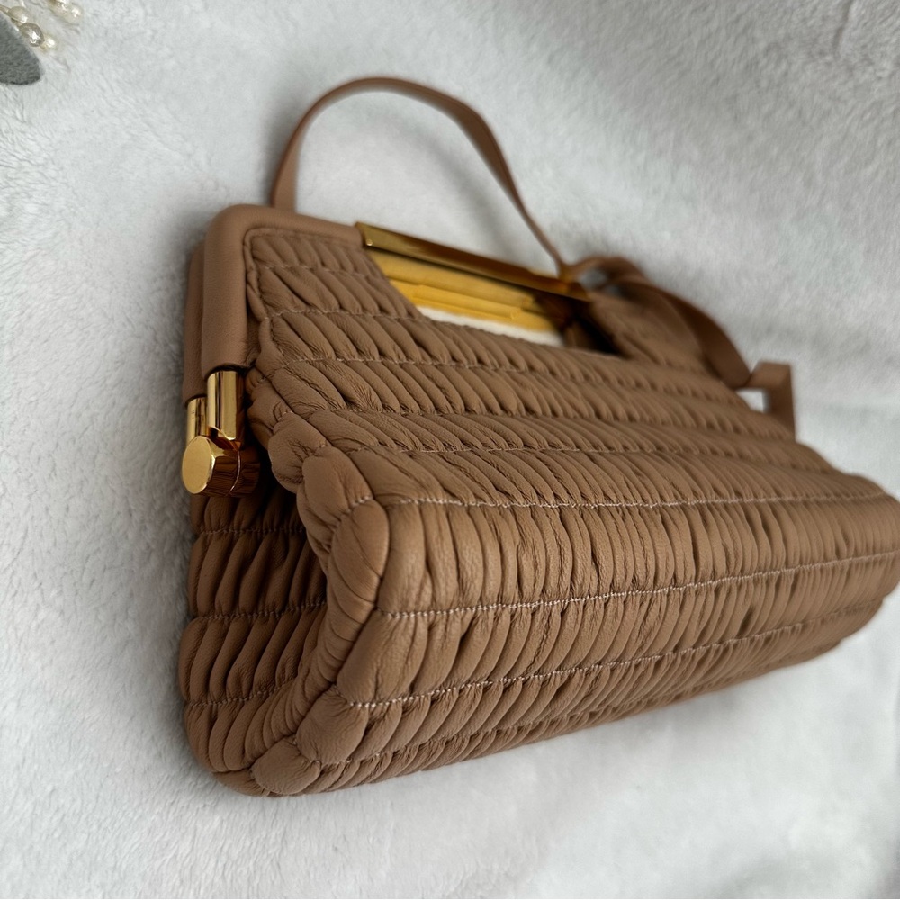 DeMellier Mini Seville Light Tan Clutch Purse Ruched Leather - Picture 6 of 16